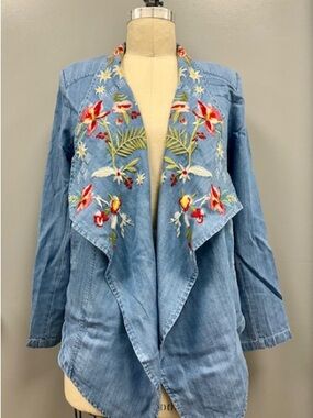 Embroidered Light Blue Denim Drape Jacket - Women